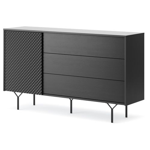 Commode : 3 Tiroirs, 1 Porte, 2 Étagères, Noir Graphite, 144 X 83 X 38 Cm