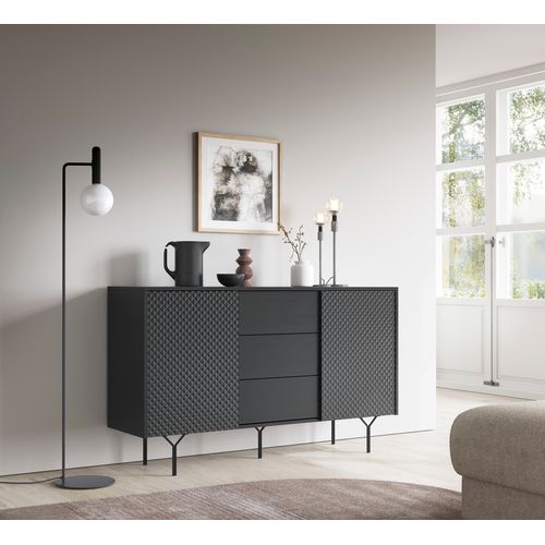 Commode : 3 Tiroirs, 2 Portes, 4 Étagères, Noir Graphite, 144 X 83 X 38 Cm