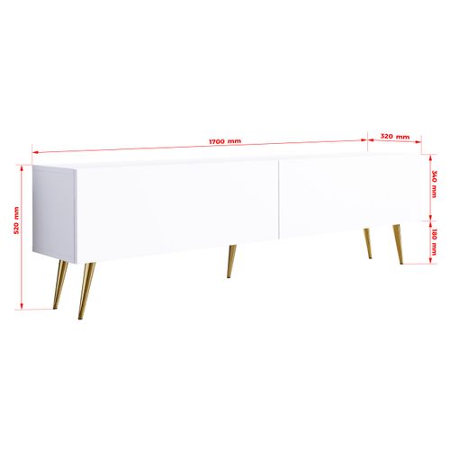 Meuble TV : Blanc Mat, Pieds Dorés, 170 X 52 X 32 Cm