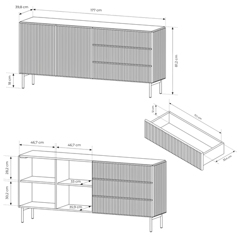 Buffet, Noir, 177 X 81,2 X 39,8 Cm