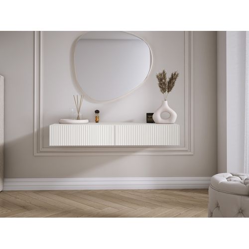 Coiffeuse Suspendue Avec Deux Tiroirs, Façade Rainurée - Couleur : Blanc, 100 X 40 X 16 Cm