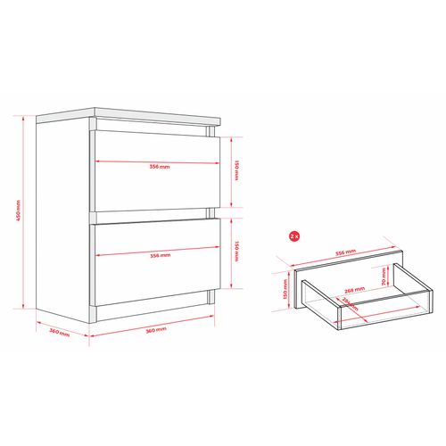 Table De Chevet Avec Deux Tiroirs, 45 × 36 × 36 Cm, Couleur : Noir
