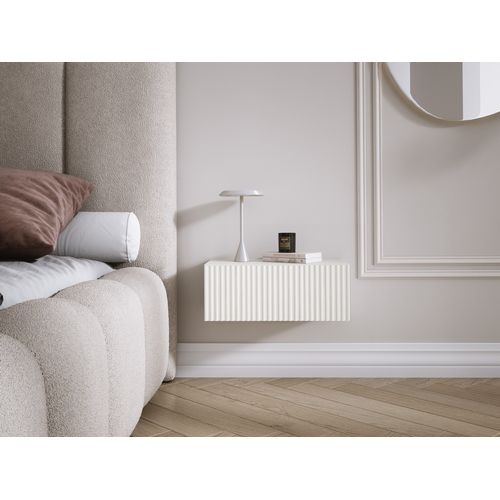 Table De Chevet Suspendue Avec Tiroir, Façade Rainurée, Couleur : Blanc, 40 X 20 X 16 Cm