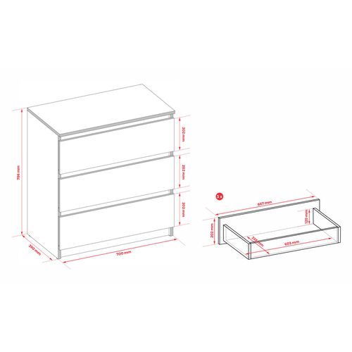 Commode 3 Tiroirs, Chêne Wotan / Noir, 70 X 39 X 79 Cm