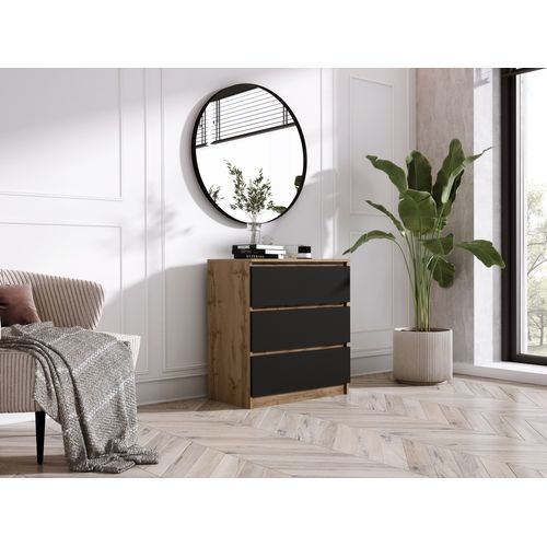Commode 3 Tiroirs, Chêne Wotan / Noir, 70 X 39 X 79 Cm