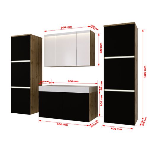 Ensemble Meuble Salle De Bain, Wotan Chêne, Noir Mat, 160 X 130 Cm