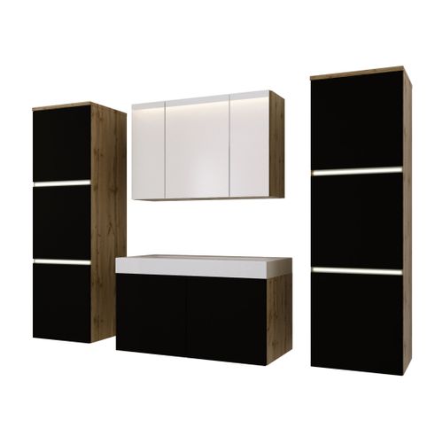 Ensemble Meuble Salle De Bain, Wotan Chêne, Noir Mat, 160 X 130 Cm