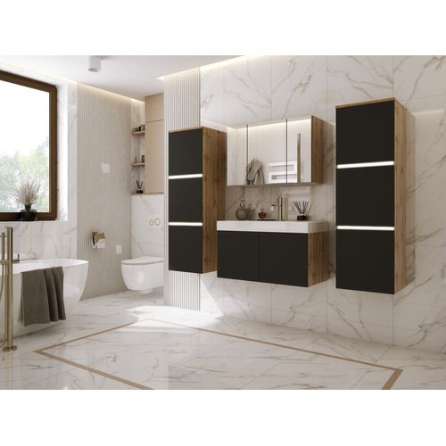 Ensemble Meuble Salle De Bain, Wotan Chêne, Noir Mat, 160 X 130 Cm