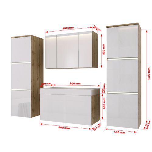 Ensemble Meuble Salle De Bain, Wotan Chêne, Blanc Brillant, 160 X 130 Cm