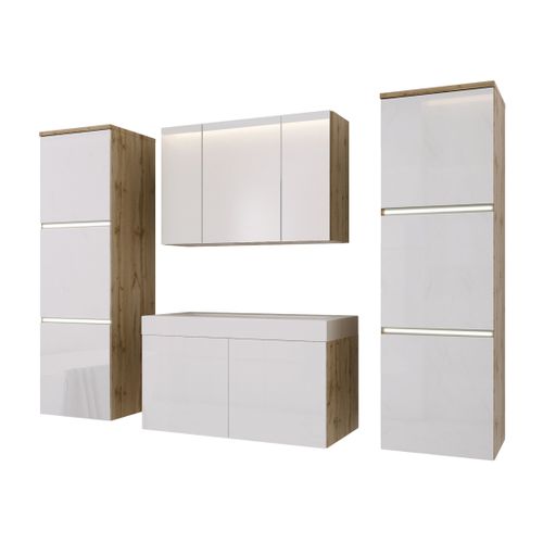 Ensemble Meuble Salle De Bain, Wotan Chêne, Blanc Brillant, 160 X 130 Cm