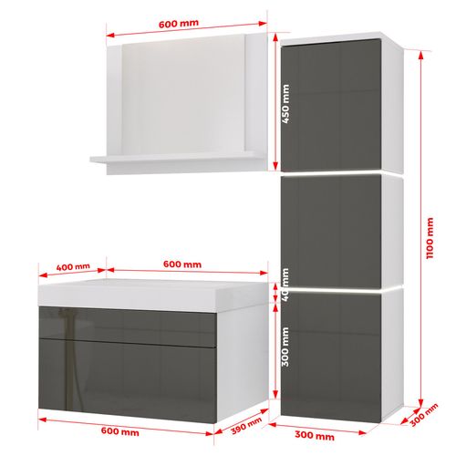 Ensemble Meuble Salle De Bain, Blanc Mat, Gris Brillant, 90 X 110 Cm