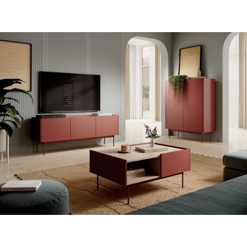 Meuble TV : Brique, Top: Chêne Linea, 144 X 55 X 37 Cm