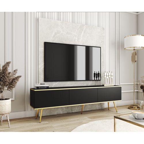 Meuble TV, Noir, Pieds Or, 175 X 30 X 52 Cm, Push To Open
