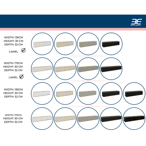 Meuble TV, Noir, Pieds Or, 175 X 30 X 52 Cm, Push To Open