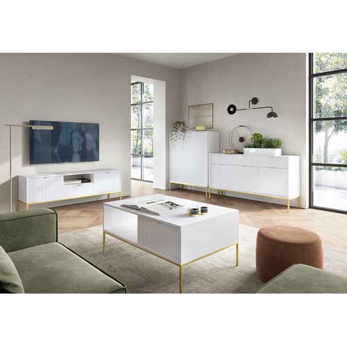 Table Basse : Blanc, Noir, 104 X 46 X 68 Cm, Poignées Dorées