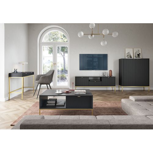 Table Basse : Noir, Noir, 104 X 46 X 68 Cm, Poignées Dorées