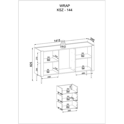 Buffet : 3 Tiroirs, 2 Portes, 4 Étagères, Warmia Noyer / Cachemire, 141 X 82,5 X 39,9 Cm