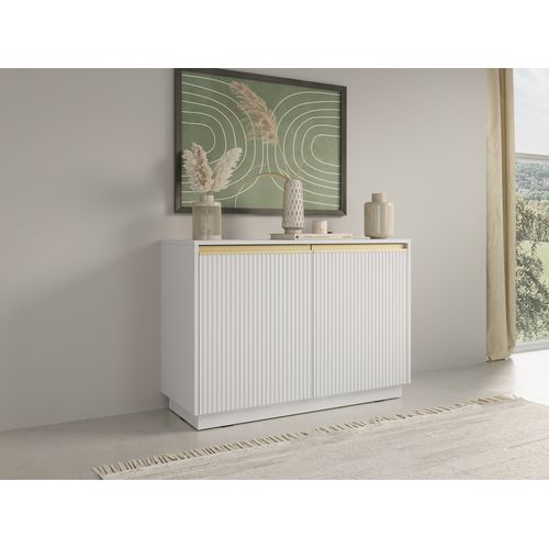Commode : 2 Portes, 4 Étagères, Blanc Mat, 103,5 X 71,4 X 39 Cm