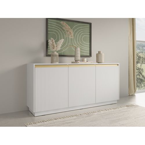 Commode : 3 Portes, 6 Étagères, Blanc Mat, 153,4 Cm X 71,6 Cm X 39 Cm