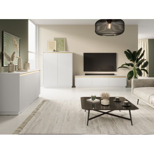 Commode : 3 Portes, 6 Étagères, Blanc Mat, 153,4 Cm X 71,6 Cm X 39 Cm