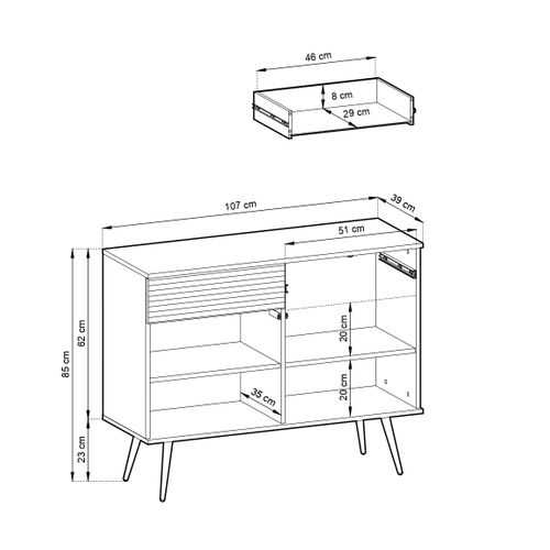 Buffet, Blanche Avec Pieds Noirs, 107 X 85 X 39 Cm