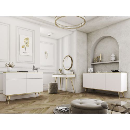 Buffet, Blanc, Pieds Dorés, 107 X 85 X 39 Cm