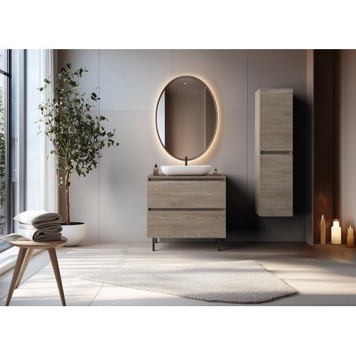 Meuble De Salle De Bain 80 Cm + Top, Pieds, Couleur: Chêne Foncé, 80 X 77 X 46 Cm