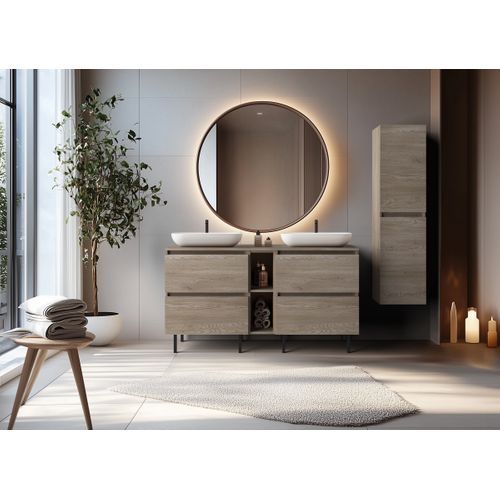 Meuble De Salle De Bain 140 Cm (2 X 60 + 20) + Top, Pieds, Couleur: Chêne Foncé, 140 X 77 X 46 Cm