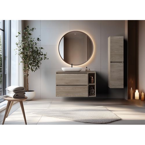 Meuble De Salle De Bain 100 Cm (80+20) + Top,couleur: Chêne Foncé, 100 X 57 X 46 Cm