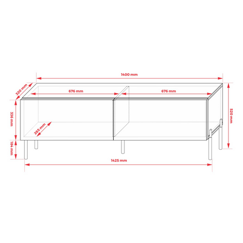 Meuble TV, Rouge Brique, 140 X 52 X 32 Cm, Pieds Noires