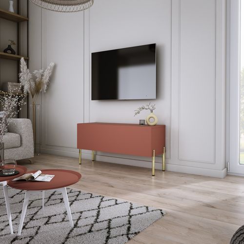 Meuble TV, Rouge Brique, 100 X 52 X 32 Cm, Pieds Dorées