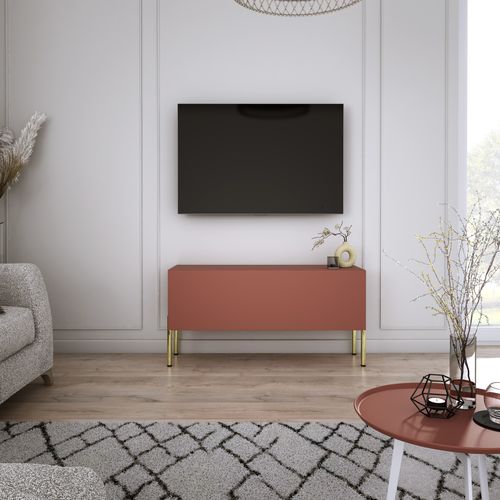 Meuble TV, Rouge Brique, 100 X 52 X 32 Cm, Pieds Dorées