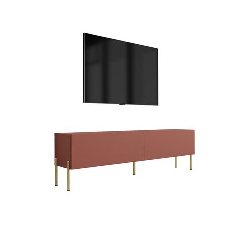 Meuble TV, Rouge Brique, 140 X 52 X 32 Cm, Pieds Dorées
