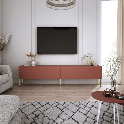 Meuble TV, Rouge Brique, 170 X 52 X 32 Cm, Pieds Dorées