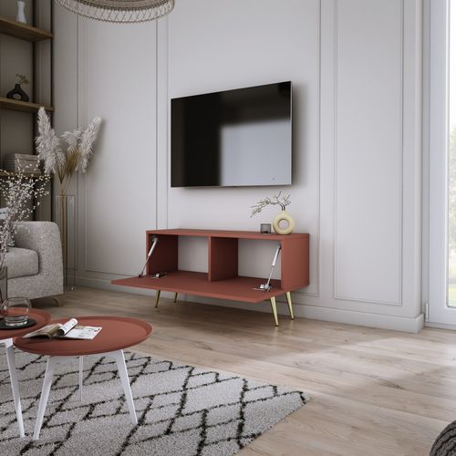 Meuble TV, Rouge Brique, 100 X 52 X 32 Cm, Pieds Dorées