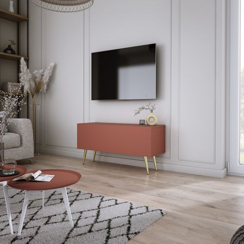 Meuble TV, Rouge Brique, 100 X 52 X 32 Cm, Pieds Dorées