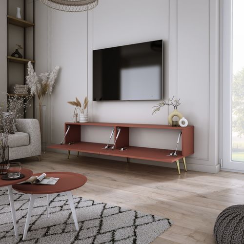 Meuble TV, Rouge Brique, 140 X 52 X 32 Cm, Pieds Dorées