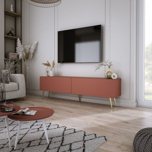 Meuble TV, Rouge Brique, 140 X 52 X 32 Cm, Pieds Dorées