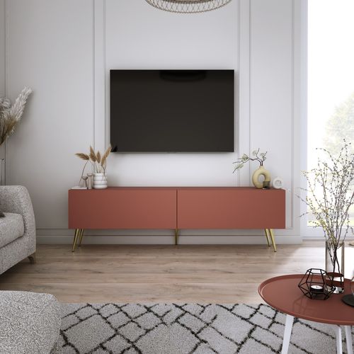 Meuble TV, Rouge Brique, 140 X 52 X 32 Cm, Pieds Dorées