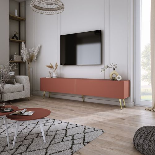 Meuble TV, Rouge Brique, 170 X 52 X 32 Cm, Pieds Dorées