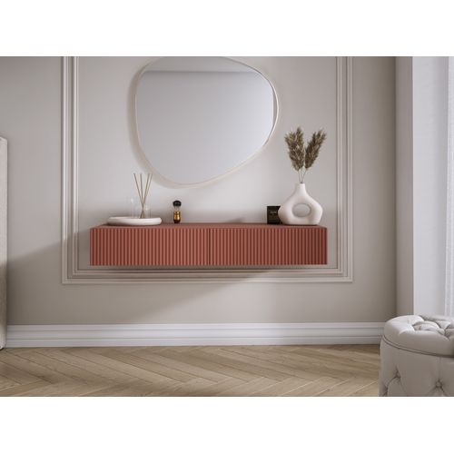 Coiffeuse Suspendue Avec Deux Tiroirs, Façade Rainurée - Couleur : Rouge Brique, 100 X 40 X 16 Cm