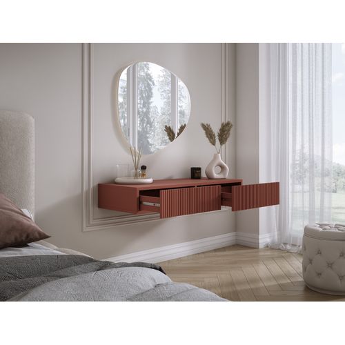 Coiffeuse Suspendue Avec Deux Tiroirs, Façade Rainurée - Couleur : Rouge Brique, 100 X 40 X 16 Cm