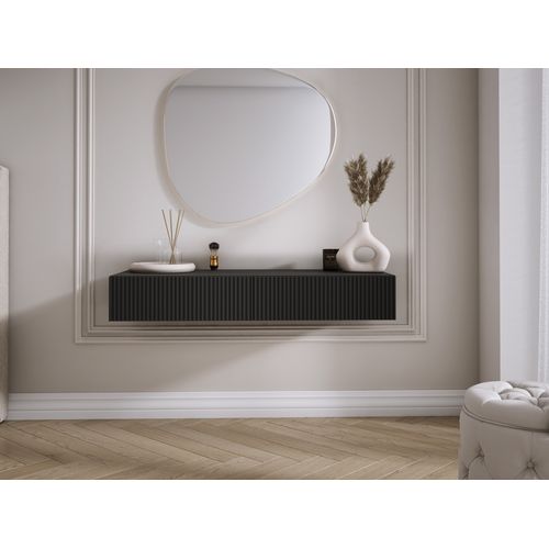 Coiffeuse Suspendue Avec Deux Tiroirs, Façade Rainurée - Couleur : Noir, 100 X 40 X 16 Cm