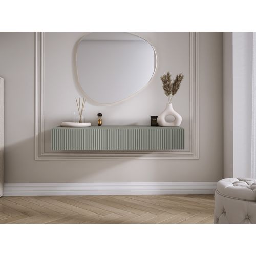 Coiffeuse Suspendue Avec Deux Tiroirs, Façade Rainurée - Couleur : Aloès Vert, 100 X 40 X 16 Cm