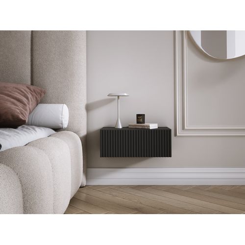 Table De Chevet Suspendue Avec Tiroir, Façade Rainurée, Couleur : Noir, 40 X 20 X 16 Cm