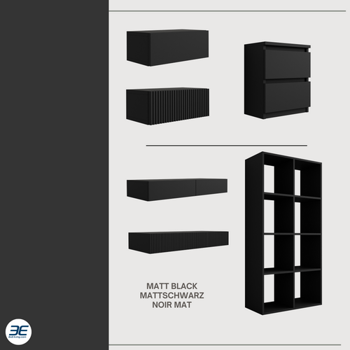 Table De Chevet Suspendue Avec Tiroir, Façade Rainurée, Couleur : Noir, 40 X 20 X 16 Cm