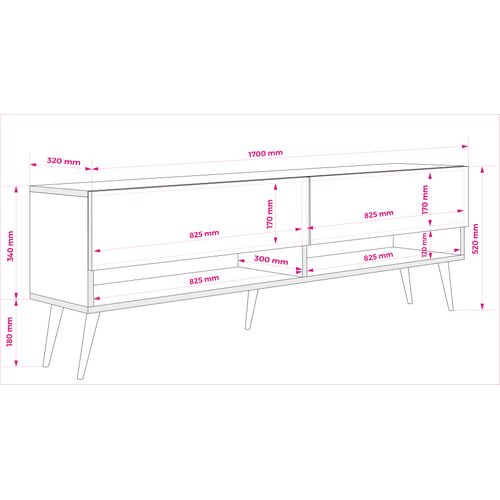 Meuble TV 170 Cm Noir Mat / Noir Brillant, Pieds Obliques Dorés, 170 X 32 X 52 Cm