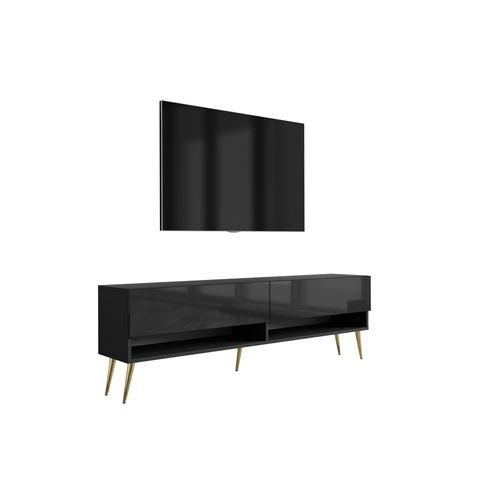 Meuble TV 170 Cm Noir Mat / Noir Brillant, Pieds Obliques Dorés, 170 X 32 X 52 Cm