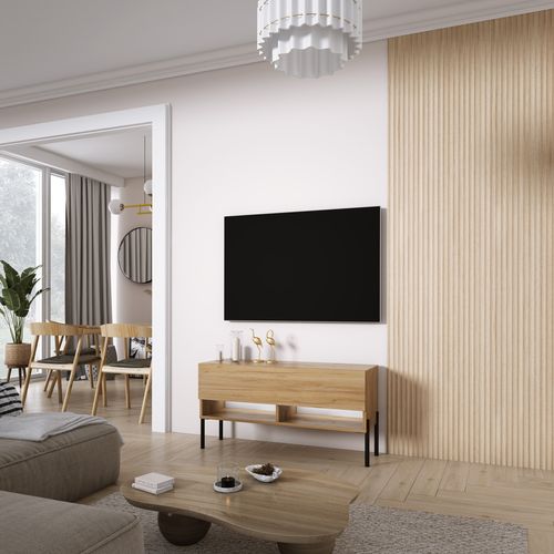 Meuble TV 100 Cm Chêne Craft, Pieds Droits Noirs, LED Blanche, 100 X 32 X 52 Cm