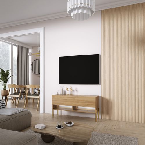 Meuble TV 100 Cm Chêne Craft, Pieds Droits Dorés, LED Blanche, 100 X 32 X 52 Cm